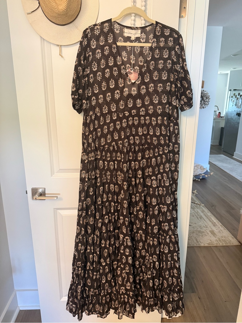 Daughters of India Black Maxi Dress with Cream Botanical Print